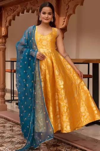 Yellow jacquard gotapatti organza anarkali suit set