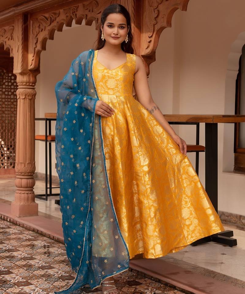 Yellow jacquard gotapatti organza anarkali suit set