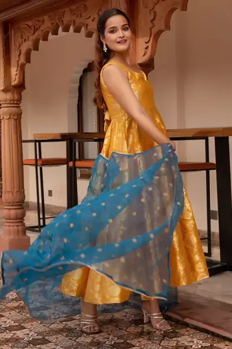 Yellow jacquard gotapatti organza anarkali suit set