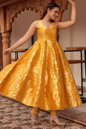 Yellow jacquard gotapatti organza anarkali suit set