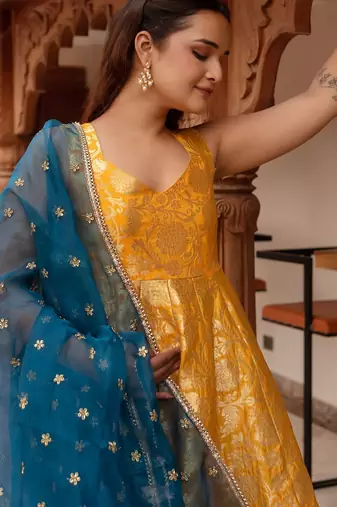 Yellow jacquard gotapatti organza anarkali suit set