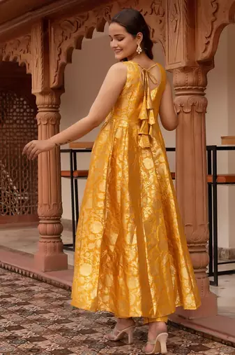 Yellow jacquard gotapatti organza anarkali suit set