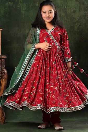 Red & green floral printed with border work cotton blend  flared ethnic anarkali style girls kurta set with dupatta