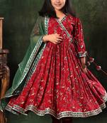red floral cotton anarkali kurta set with dupatta