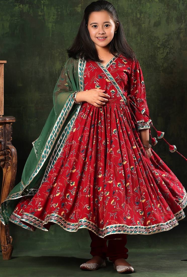 Red & green floral printed with border work cotton blend  flared ethnic anarkali style girls kurta set with dupatta