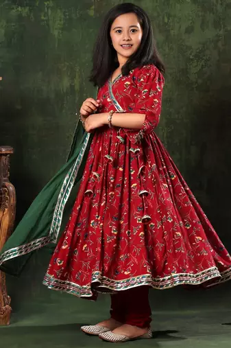 red floral cotton anarkali kurta set with dupatta