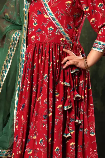 red floral cotton anarkali kurta set with dupatta