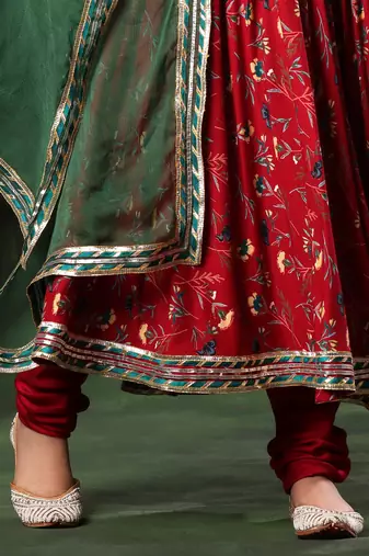 red floral cotton anarkali kurta set with dupatta
