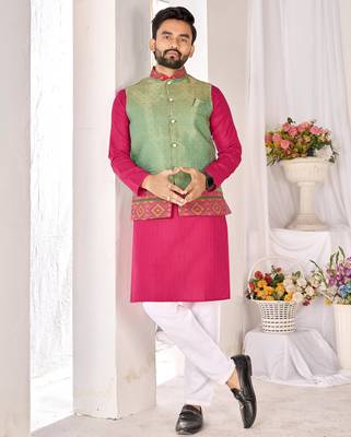 pink cotton kurta pajama with woven nehru jacket 1