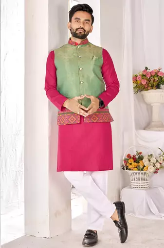 pink cotton kurta pajama with woven nehru jacket