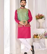 pink cotton kurta pajama with woven nehru jacket