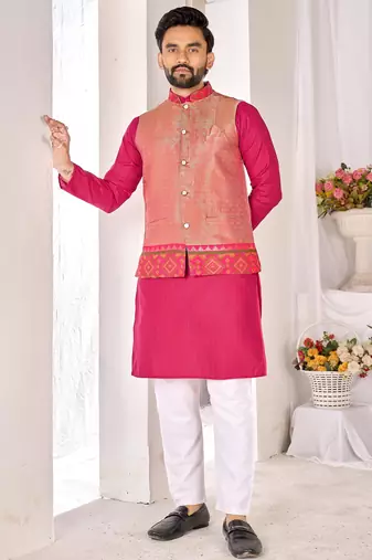 pink cotton men kurta pajama with subtle woven work
