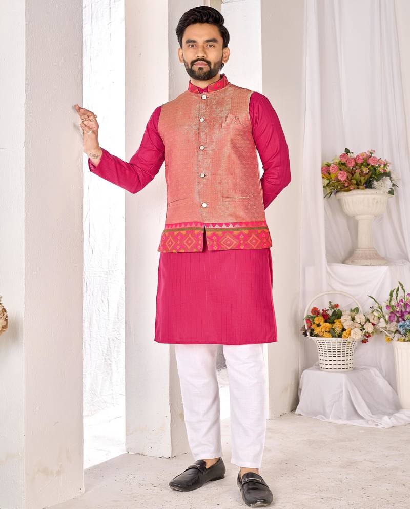 pink cotton men kurta pajama with subtle woven work