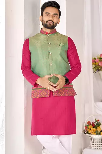 pink cotton kurta pajama with woven nehru jacket