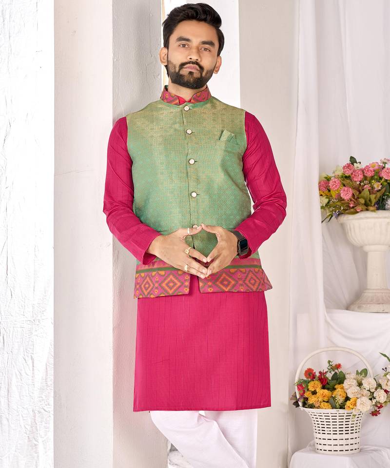 pink cotton kurta pajama with woven nehru jacket
