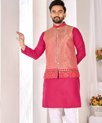 pink cotton men kurta pajama with subtle woven work 2