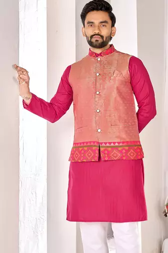 pink cotton men kurta pajama with subtle woven work