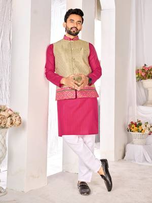 cotton pink kurta pajama for men with weaving work 1