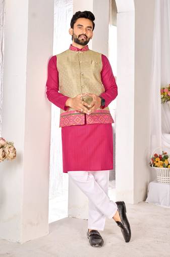 cotton pink kurta pajama for men with weaving work
