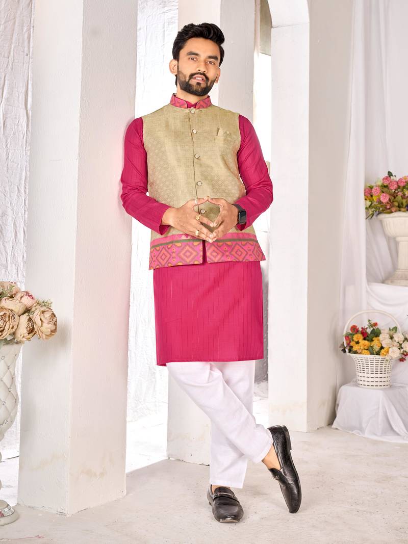 cotton pink kurta pajama for men with weaving work