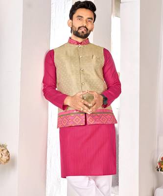 cotton pink kurta pajama for men with weaving work 2