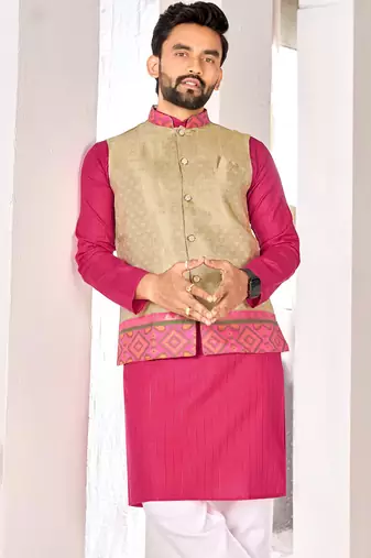 cotton pink kurta pajama for men with weaving work