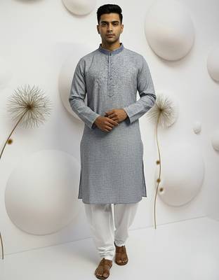 grey linen men kurta pajama with traditional work 1