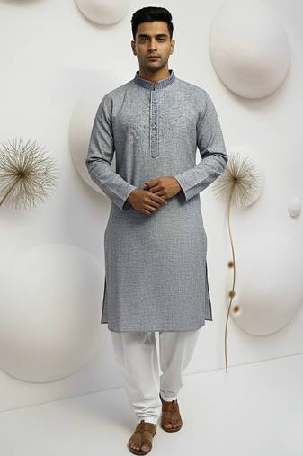 grey linen men kurta pajama with traditional work