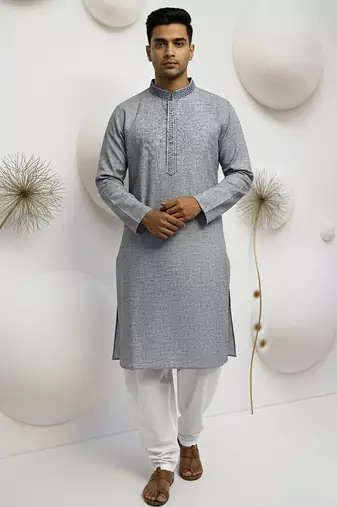 grey linen men kurta pajama with traditional work