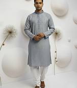 grey linen men kurta pajama with traditional work