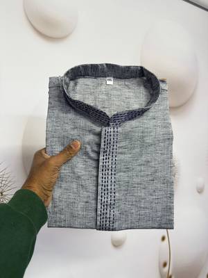 grey linen men kurta pajama with traditional work 2