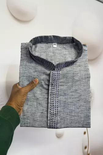 grey linen men kurta pajama with traditional work