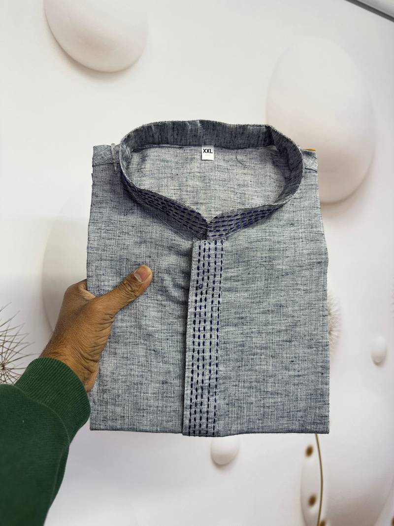 grey linen men kurta pajama with traditional work