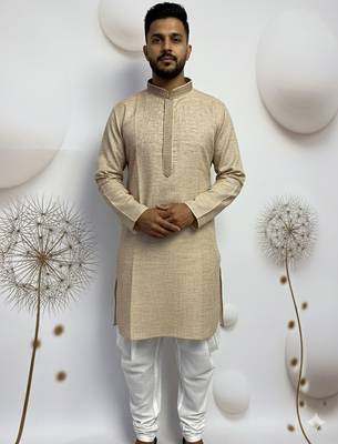 beige linen men kurta pajama with minimal work 1