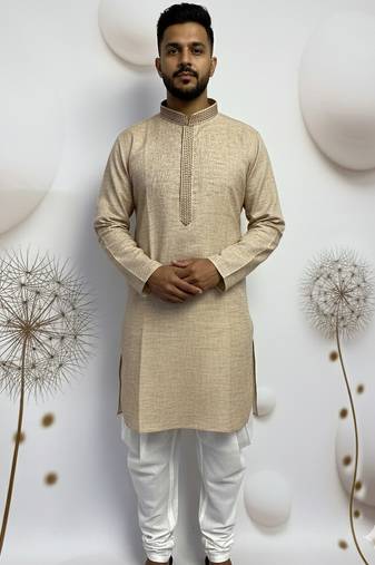 beige linen men kurta pajama with minimal work