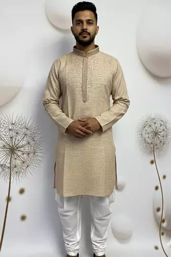 beige linen men kurta pajama with minimal work