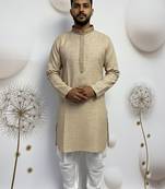 beige linen men kurta pajama with minimal work