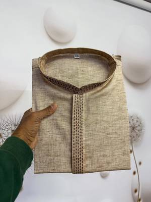 beige linen men kurta pajama with minimal work 2