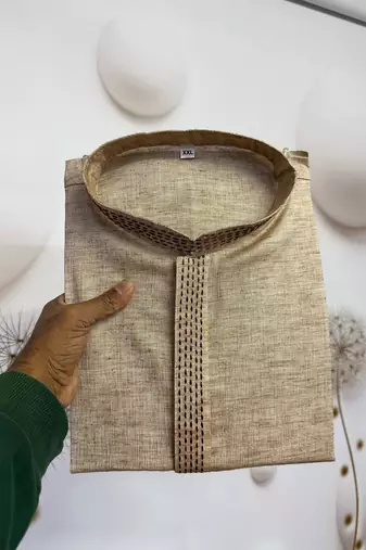 beige linen men kurta pajama with minimal work