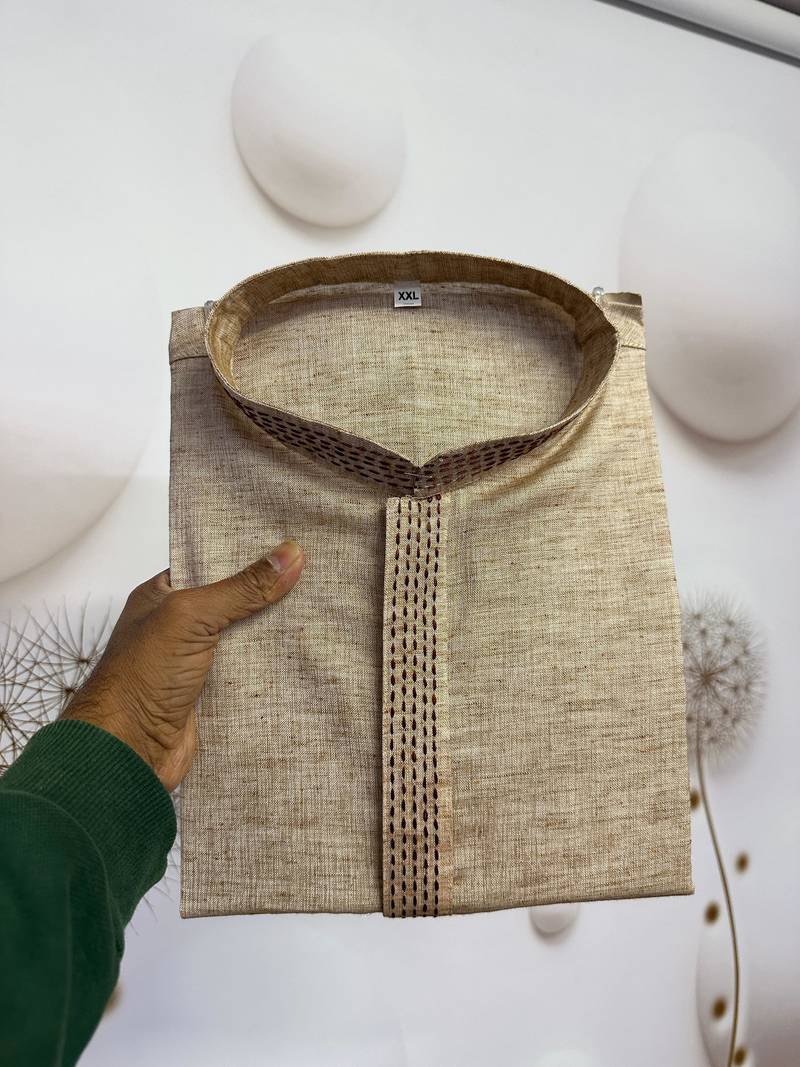 beige linen men kurta pajama with minimal work