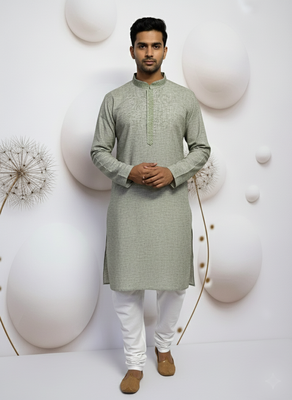 green linen men kurta pajama with minimal work 1