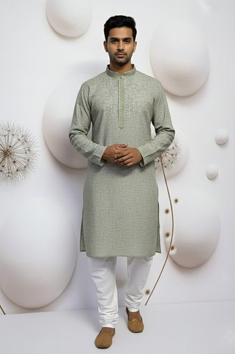 green linen men kurta pajama with minimal work