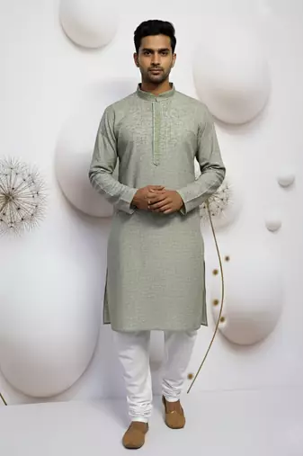 green linen men kurta pajama with minimal work