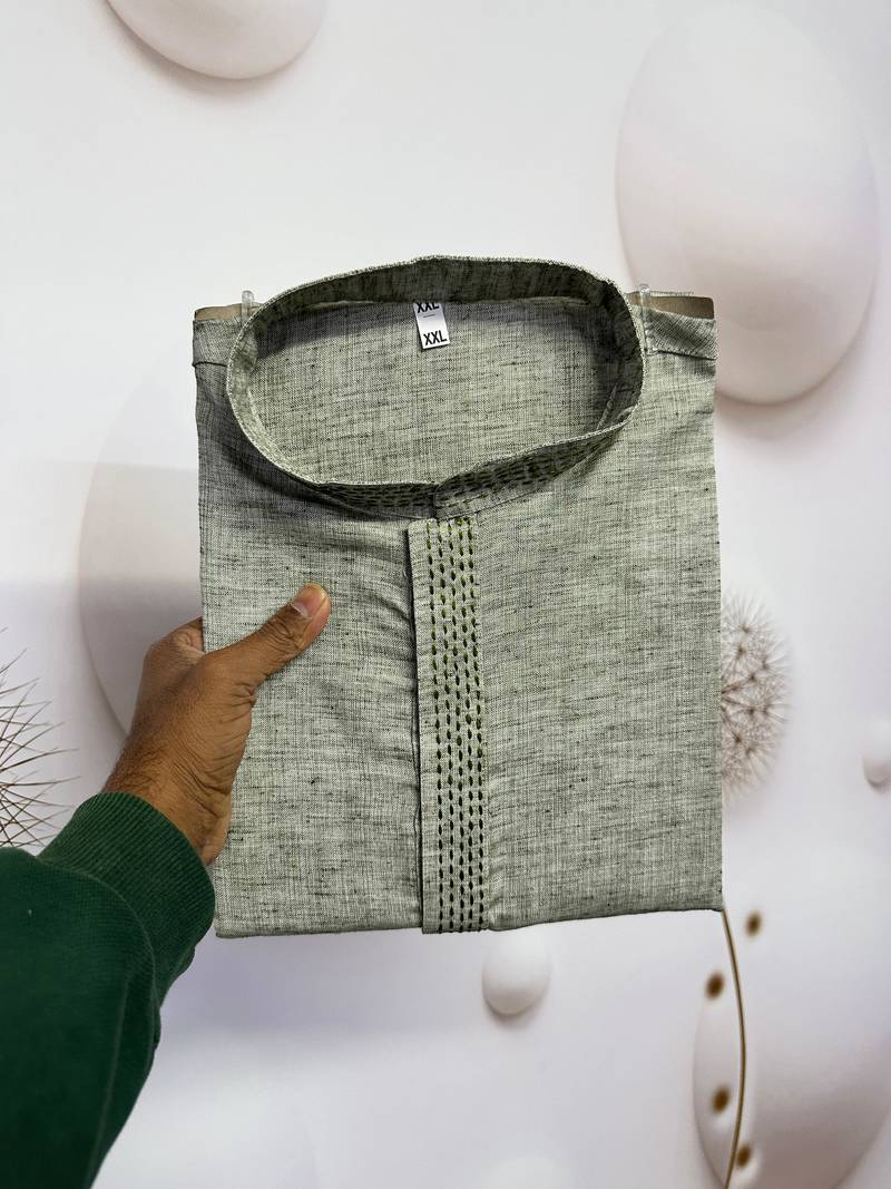 green linen men kurta pajama with minimal work