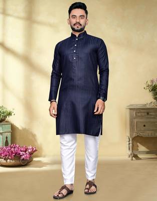 navy blue slub cotton men kurta pyjama with silver work 1