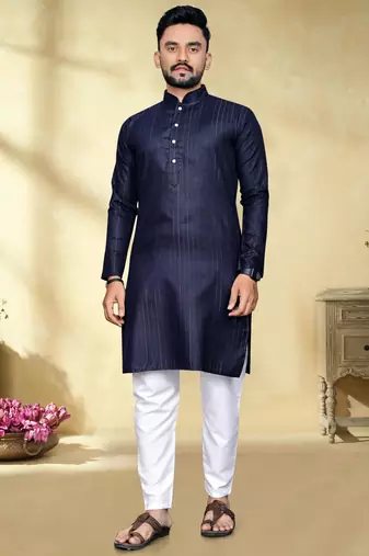 navy blue slub cotton men kurta pyjama with silver work