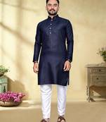 navy blue slub cotton men kurta pyjama with silver work