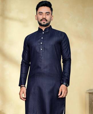 navy blue slub cotton men kurta pyjama with silver work 2