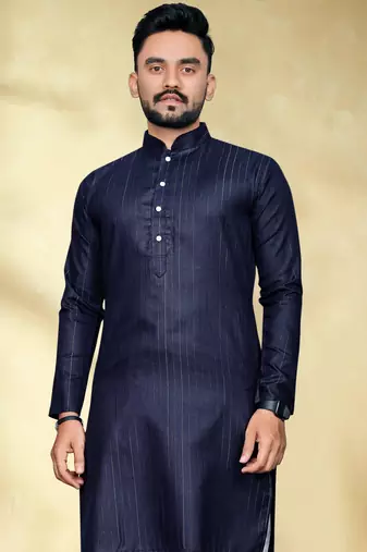 navy blue slub cotton men kurta pyjama with silver work
