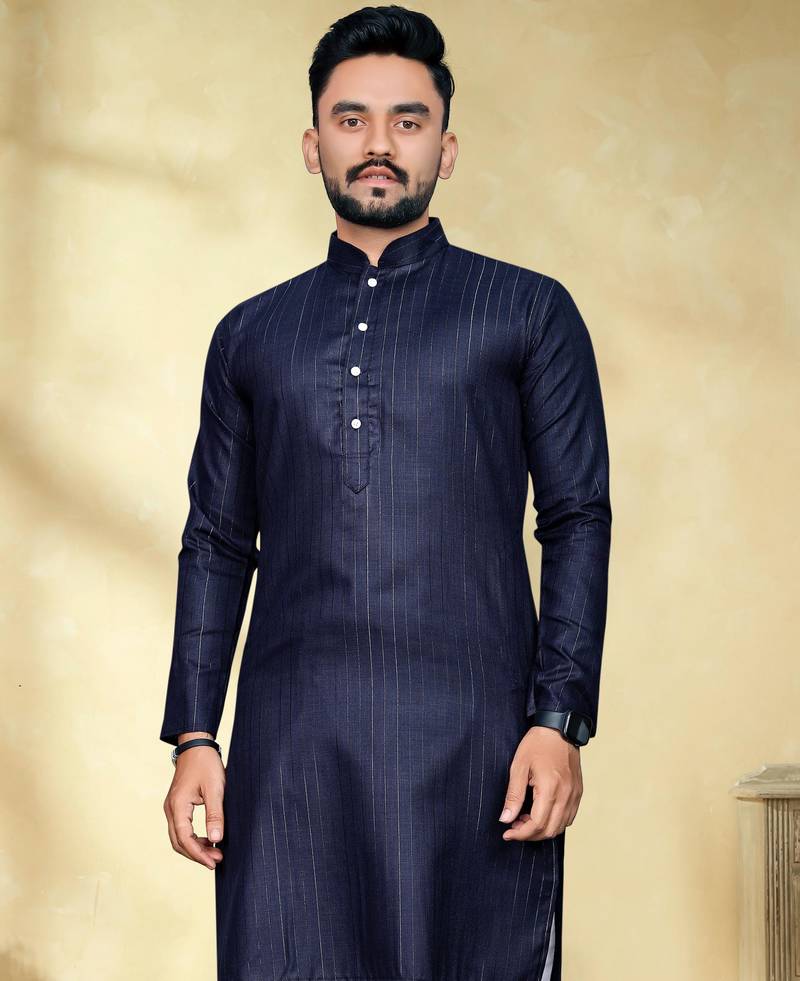 navy blue slub cotton men kurta pyjama with silver work
